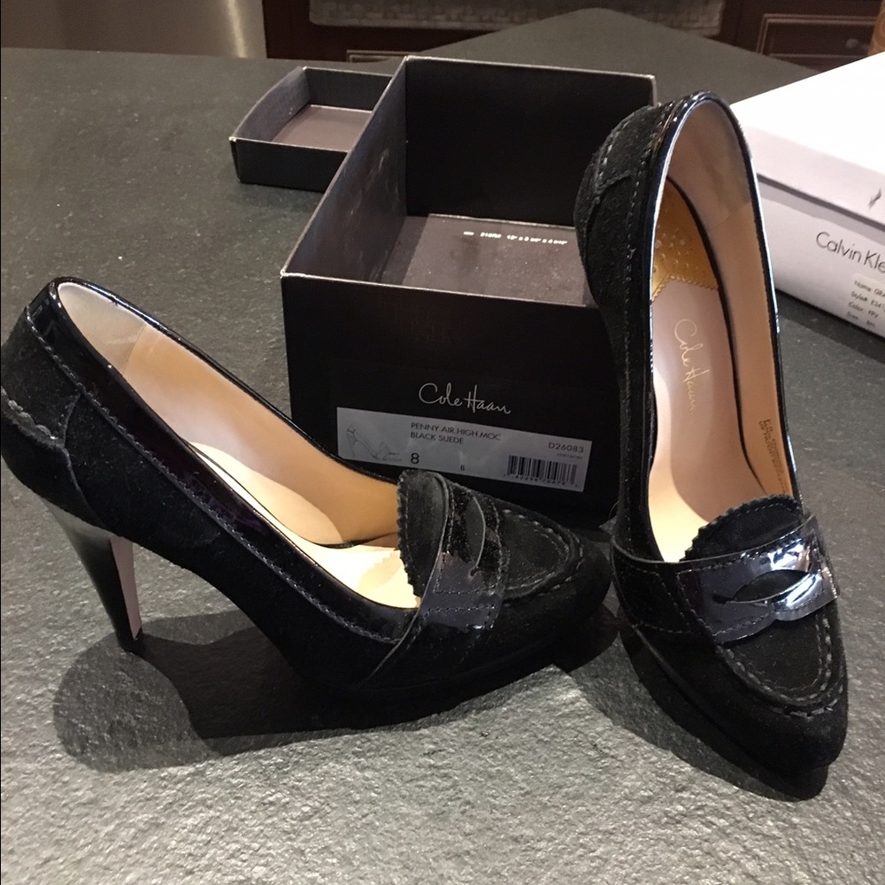 Black suede heeled loafers